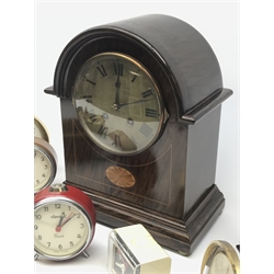 Collection of clocks - Early 20th century arched top mantel clock with inlay, oak mantel clock with quarter veneer dial and barley twist uprights, small cuckoo type clock, and six other smaller clocks (9)
