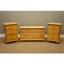  Pair pine bedside chests (W44cm, H65cm, D44cm), and a pine blanket box  