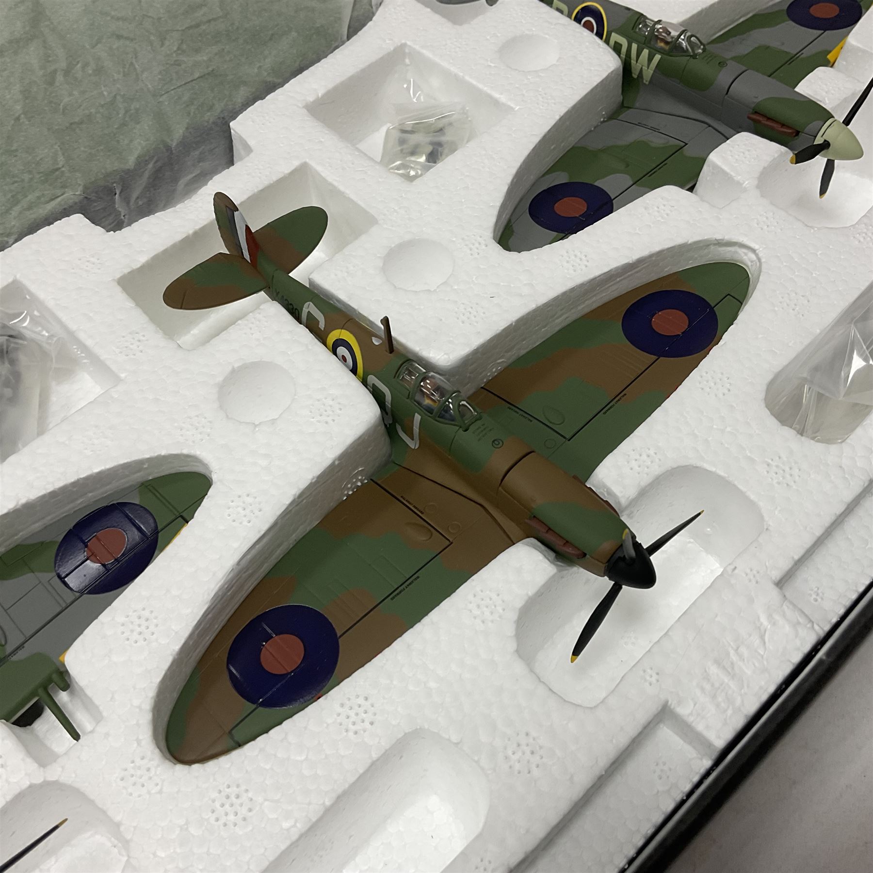 Corgi - Limited Edition Aviation Archive AA99189 70 Years of the Spitfire Johnnie Johnson 3 Piece Set - Mk1, MkVB & Mk1X - Plinth Mounted; in original box 