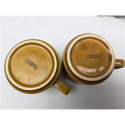 1970's Hornsea mugs, comprising Train Robber pattern designed by John Clappison and Owl from the ‘Newsprint’ Zoo range designed by Jack Dadd, and three USSR figures of animals comprising raccoon, ferret and badger