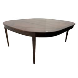 Grange Furniture - cherry wood finish oval extending dining table on square tapering supports, and a set of eight dining chairs with curved backs and upholstered seats 