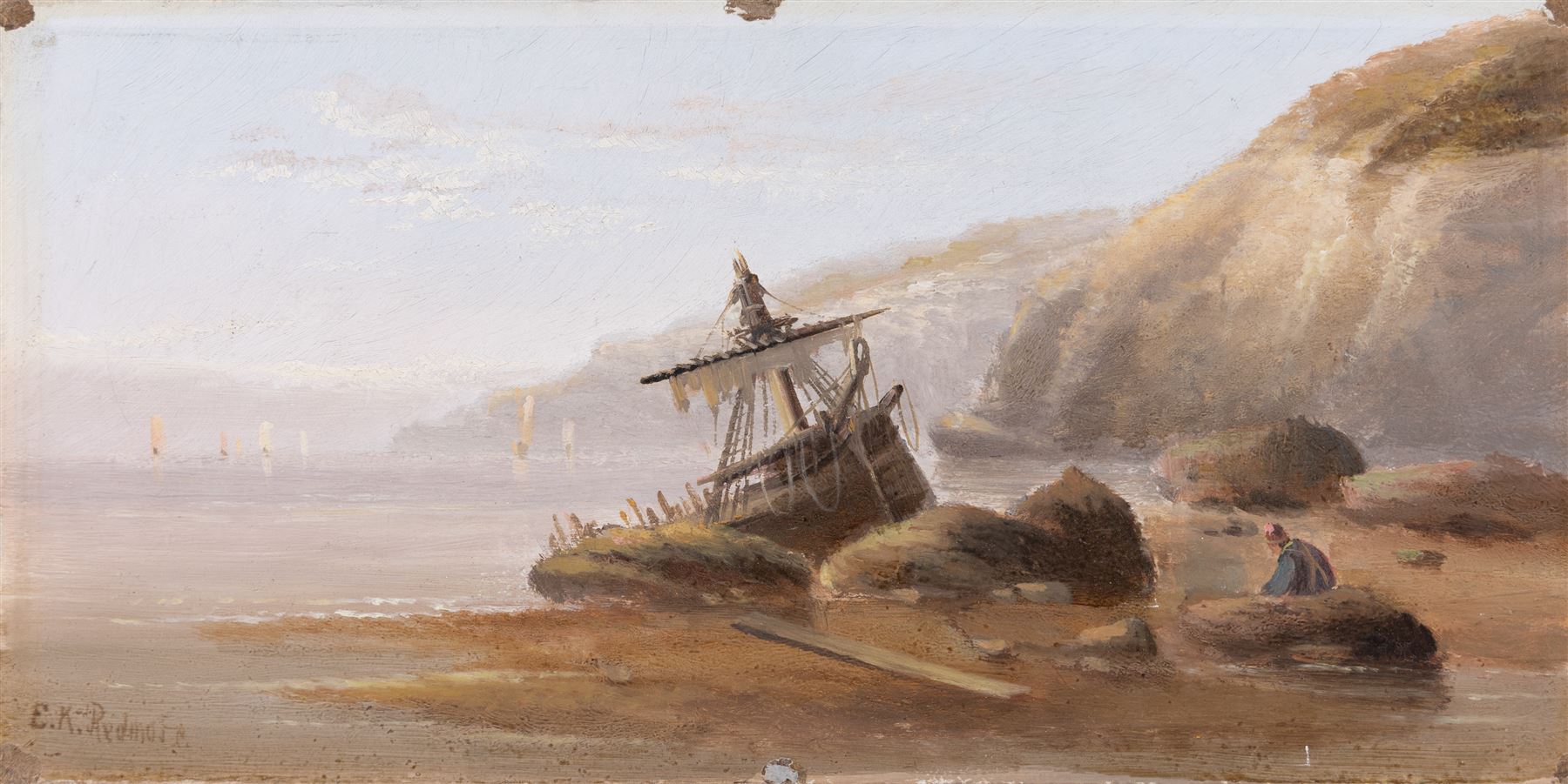 Edward King Redmore (British 1860-1941): Two Boat Scenes with Headlands, two oils on board, together with two further scenes of boats, max 17cm x 18.5cm (4) (one unframed)