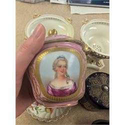 Two Royal Crown Derby pot pourri, Dresden teacup and saucer, three blue glass dressing table items, etc 