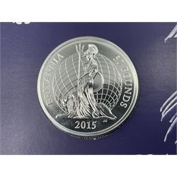 The Royal Mint United Kingdom 2015 fine silver fifty pound Britannia coin, on card