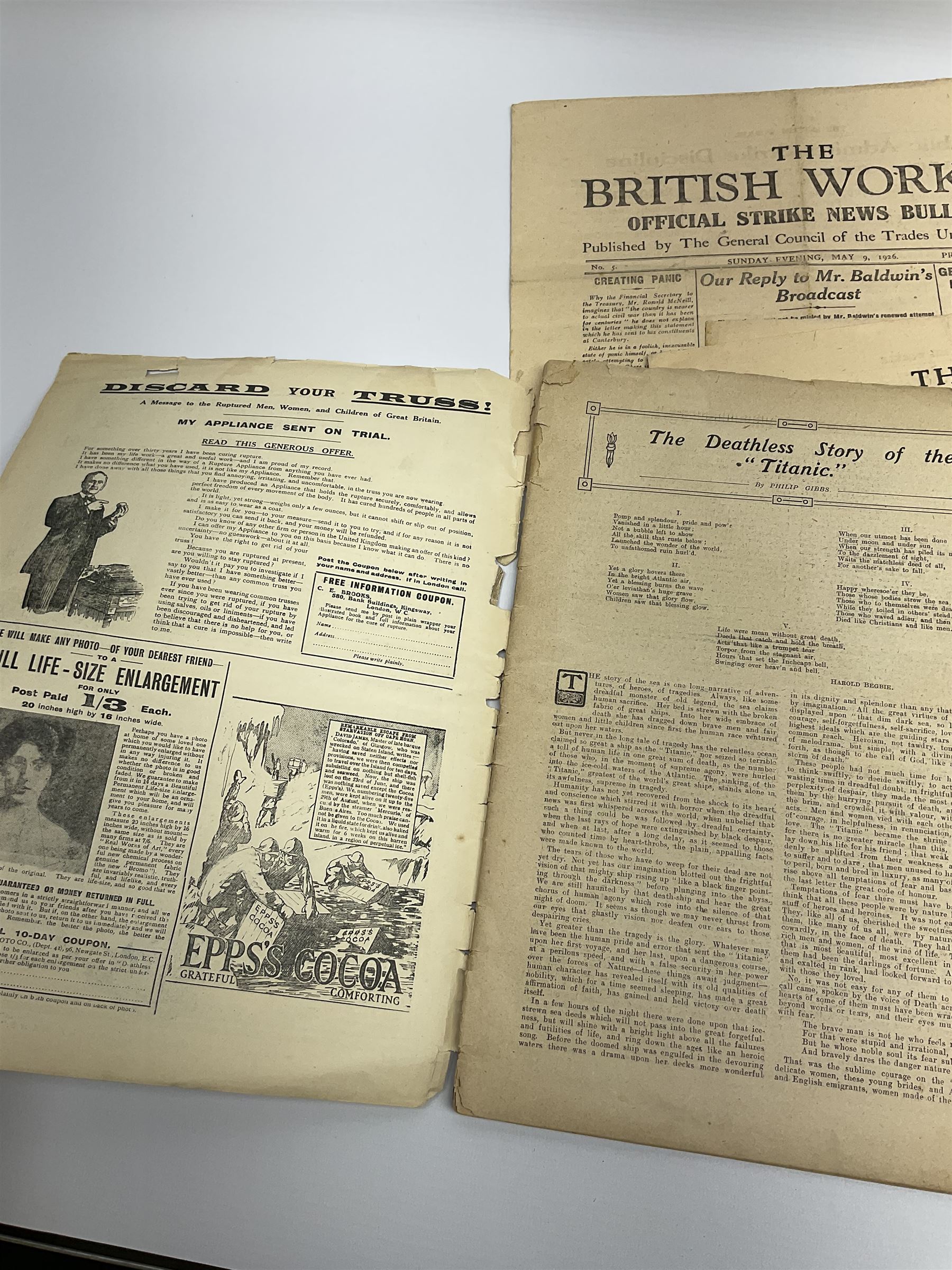 Titanic interest: Lloyds Weekly magazine 'The Deathless Story of the Titanic'. Second edition. A4 size. 'Complete Narrative with Many Illustrations'; together with Bruce Bairnsfather's 'The Bystander's Fragments from France'; and small quantity of newspapers relating to the General Strike in 1926