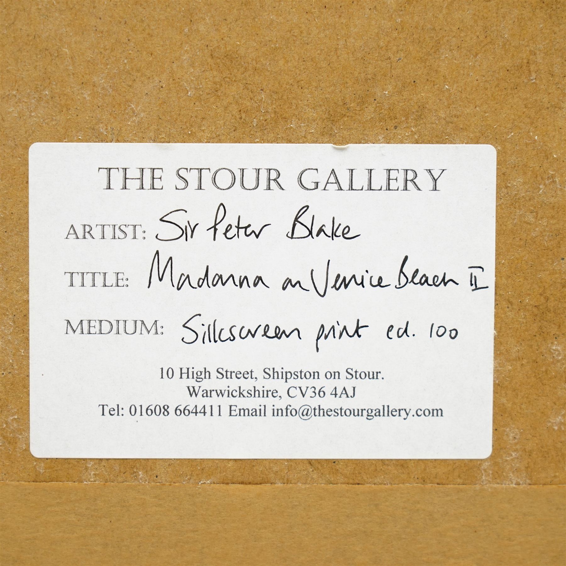 Sir Peter Blake (British 1932-): 'Madonna on a Venice Beach II', limited edition screenprint in colours signed and numbered 83/100 in pencil 39cm x 43cm
Provenance: The Stour Gallery, Eastway, London 