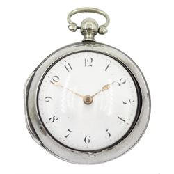 George III silver pair cased verge fusee pocket watch by John Richards, London, pierced and engraved balance cock, white enamel dial with Arabic numerals, bull's eye glass, case by Thomas Gosling, London 1778/80