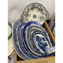 Quantity of Victorian and later blue and white ceramics, to include meat plates, twin handled lidded tureen, jug, etc together with other 19th Century and later ceramics etc to include examples by Wood & Sons, T.W & Co etc