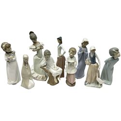 Two Lladro figures, together with seven Nao figures, modelled as figures in various poses and pursuits. (9). 