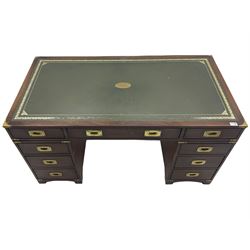 Bevan Funnell Reprodux - Military style mahogany twin pedestal desk, rectangular top with leather inset, fitted with eight drawers, on bracket feet