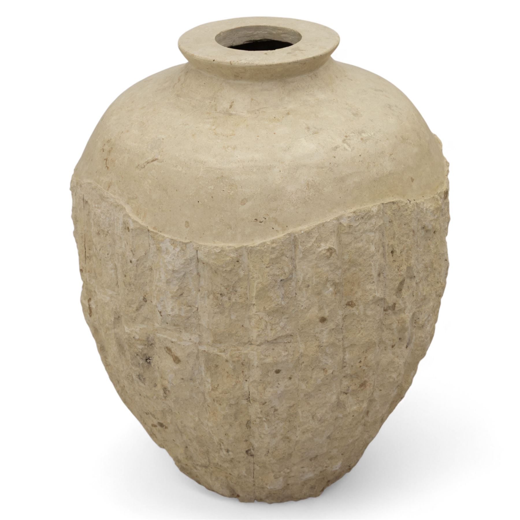 Two Mactan composite stone vases, of rounded tapering form with textured lower bodies and smooth necks

(Smaller vase H 64cm, W 45cm)