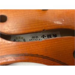 Four student violins - two Chinese three-quarter size with 33.5cm and 34cm two-piece backs; Stringers of Edinburgh quarter size with 28cm two-piece back; and Stentor quarter size with 28cm two-piece back; each in carrying case (4)