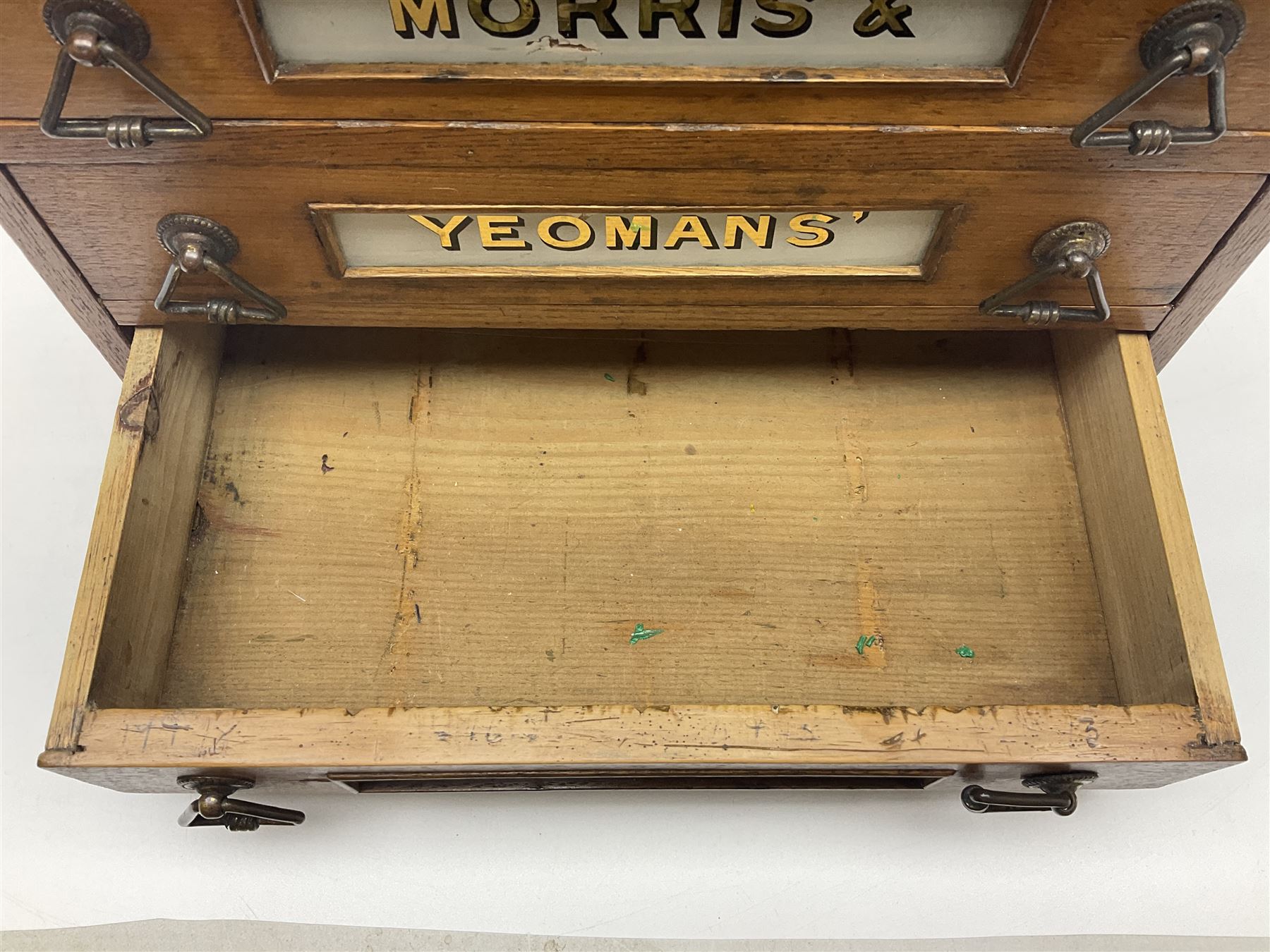 Victorian oak three drawer tabletop haberdashery chest advertising Morris Yeomans' Needles and Co, H27cm, L36cm