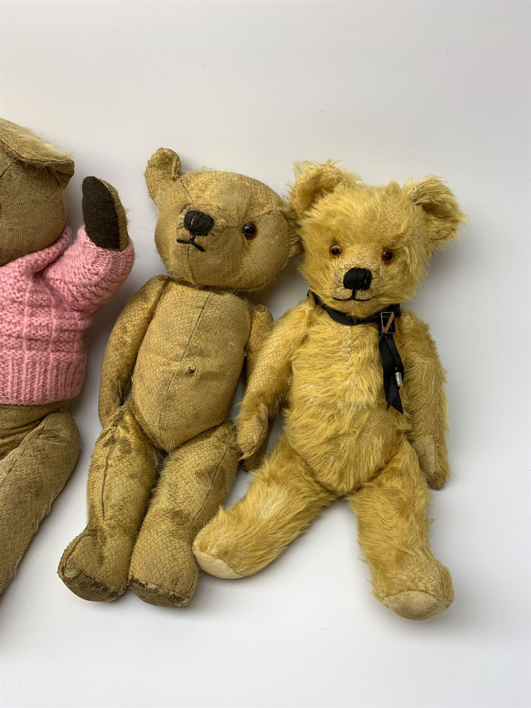 Five English teddy bears 1930s-50s including Chad Valley with swivel jointed head, glass type eyes and vertically stitched nose and mouth and jointed limbs with felt paw pads H14