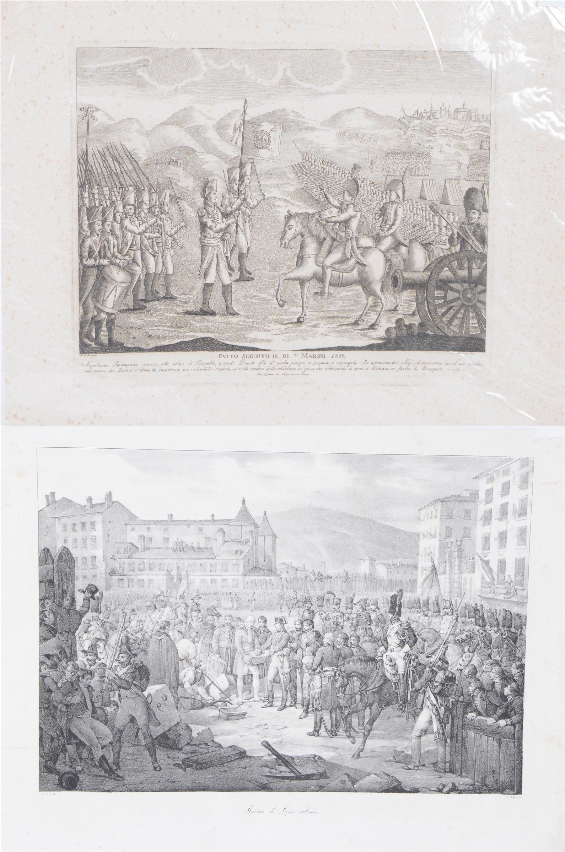 Two 19th Century engravings, depicting Napoleon meeting the Italian forces march, 1812  and Napoleon in Lyon, 1789, H40cm
