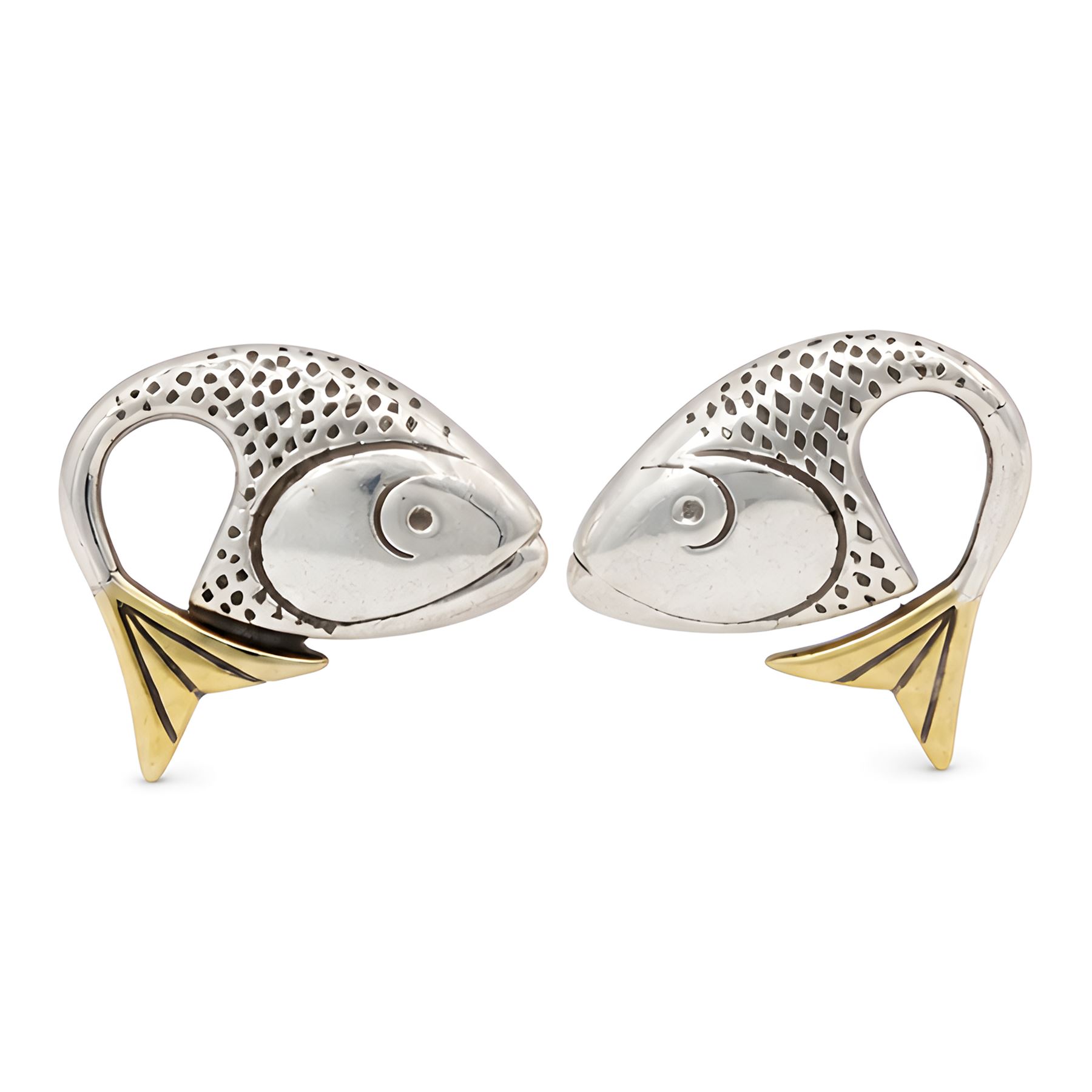 Brett Payne pair of silver and 9ct gold fish earrings, each stud set with a single silver fish head and 9ct gold tail, Sheffield 1998