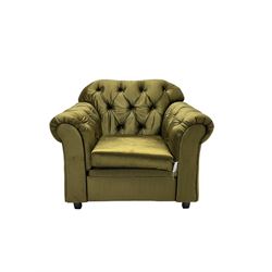 Chesterfield shaped armchair, upholstered in buttoned olive fabric, with scatter cushions