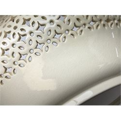 Large 20th century Leeds pottery basket and cover, of bulbous form with pierced detail and twin rope handle, with impressed mark beneath, H23cm D25cm