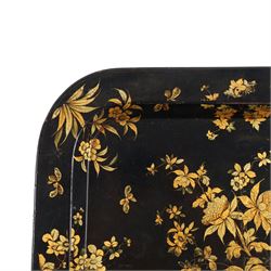 19th Century gilded toleware rectangular tray, decorated with floral sprig and insects, L41cm