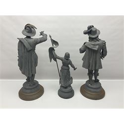Pair of spelter figures modeled as Cavaliers, together with a spelter figure of Joan of Arc, largest H52cm