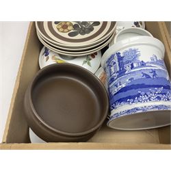Spode biscuit jar, Denby Mayflower pattern dinner wares, Royal Worcester Evesham pattern oven dishes, cut glass decanters and drinking glasses and a collection of other ceramics and glassware etc, in seven boxes 