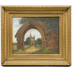H Fisher (British 19th century): 'Byland Abbey - Yorks', oil on wood panel signed, titled and inscribed 'Sketched 1881 - Copied 1886' verso 29cm x 37cm