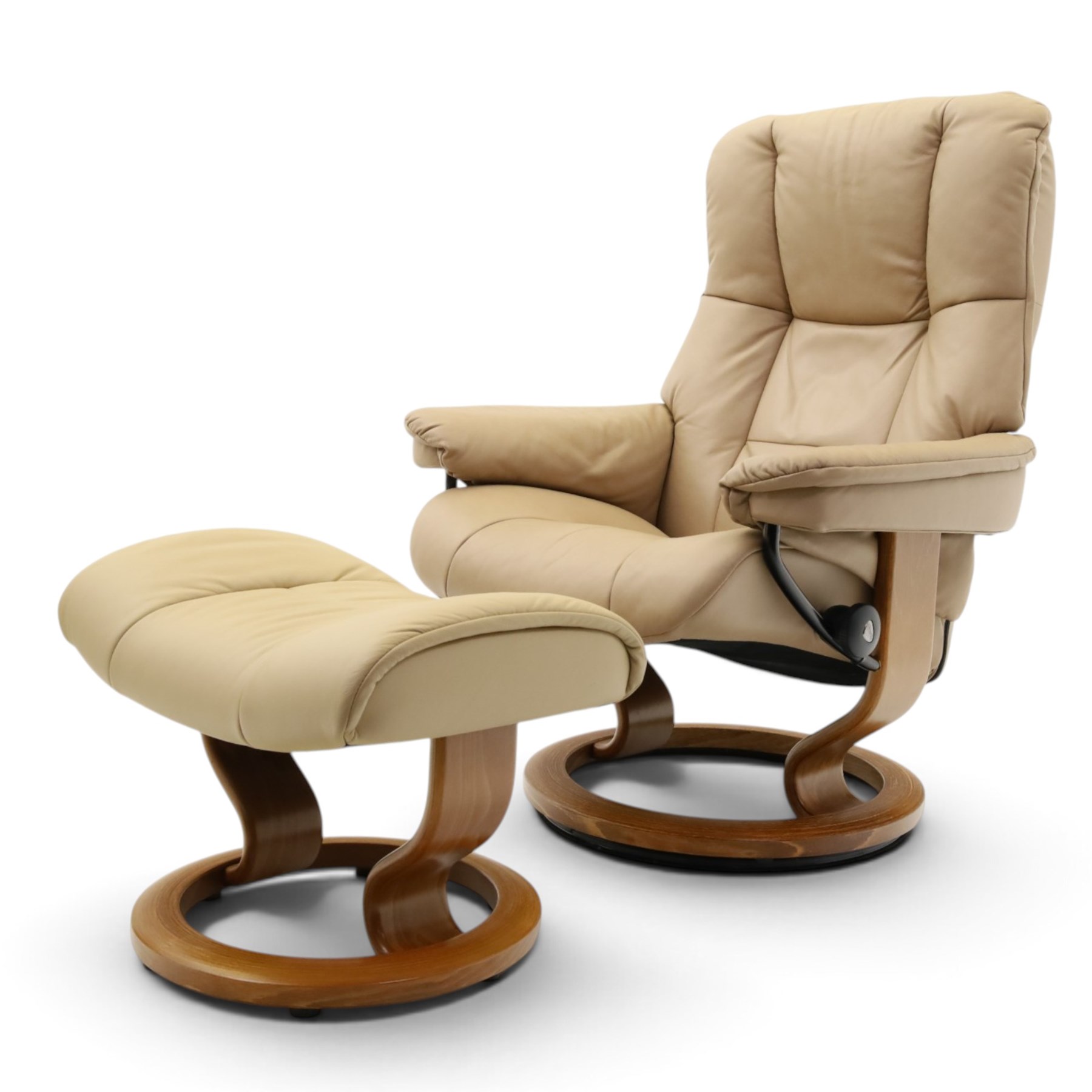 Ekornes Stressless - beech framed reclining swivel armchair with matching footstool, on U-shaped supports with circular bases, upholstered in beige leather