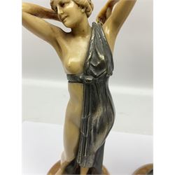 After Ferdinand Preiss (1882-1943), pair of Art Deco style, composite semi nude classical female figures, raised on circular onyx bases, H21cm
