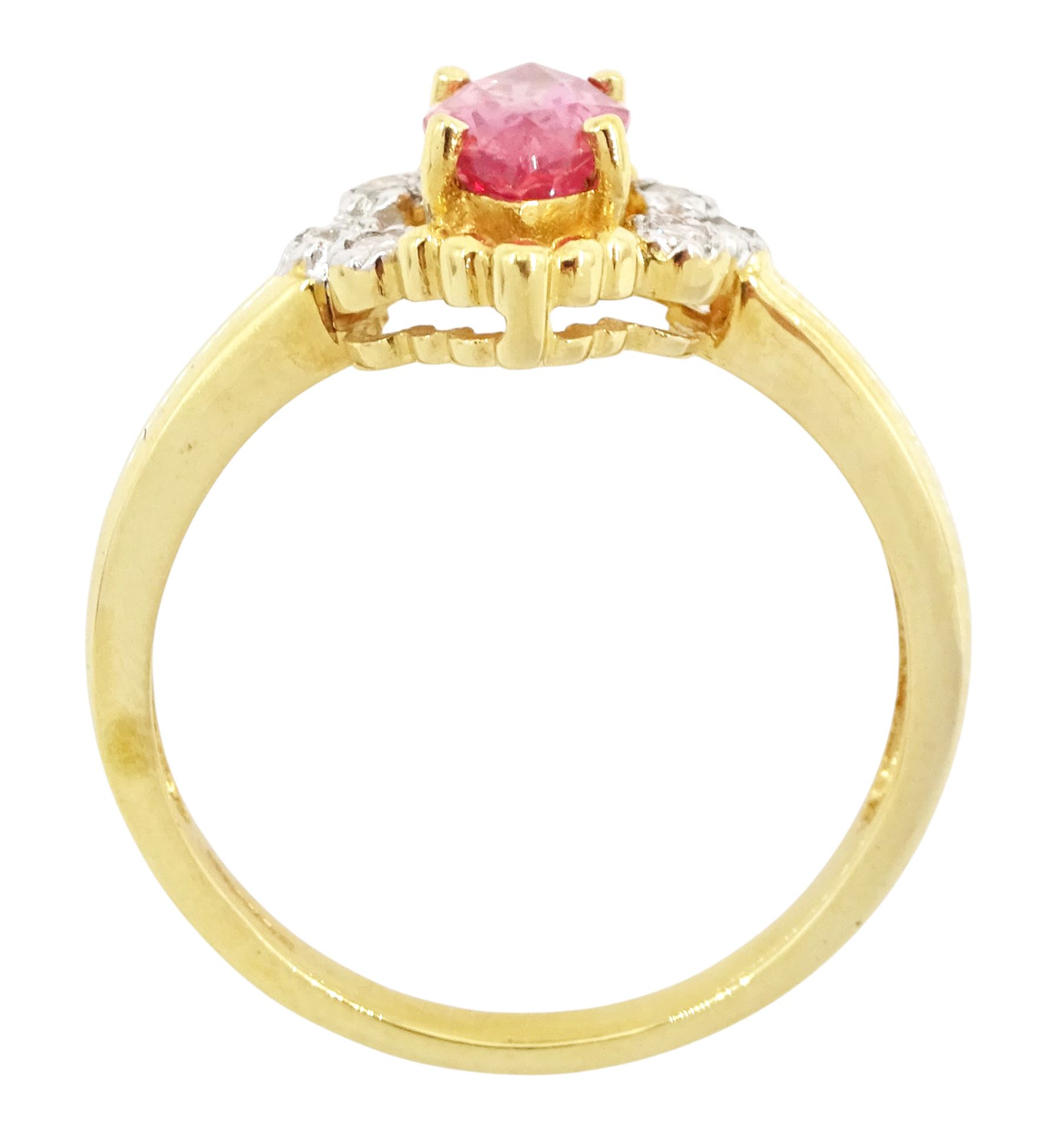 18ct gold padparadscha sapphire and diamond ring, single marquise cut sapphire of approx 0.75 carat, in openwork diamond and bead setting, Birmingham 2006