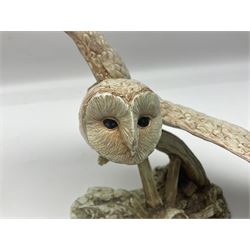 Border Fine Arts figure Barn Owl in Flight B1532, boxed with certificate, together with Country Artists figure Tawny Owl with Honeysuckle CA441, tallest H31.5cm