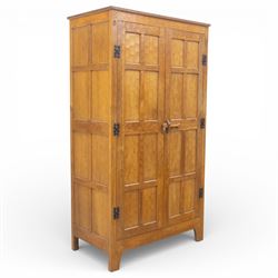 Acornman - oak adzed panelled double wardrobe, with wrought iron hinges and carved oak lat...