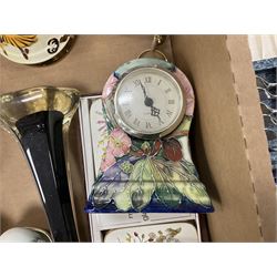 Old Tupton Ware floral decorated mantle clock, Wade Festival jug, Winsor tea wares and other ceramics, together with a collection of silver plate including blue glass lined salts, cutlery sets etc, two boxes 