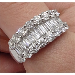  18ct white gold three row round brilliant cut diamond and graduating baguette cut diamond ring, hallmarked  