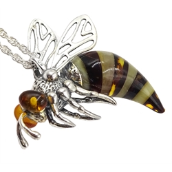 Silver Baltic amber bee pendant necklace, stamped 925
