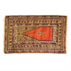 Persian Qashqai prayer rug, traditional tribal palette of red, indigo blue ivory and ochre...