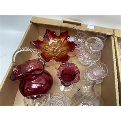 Five boxes of glassware to include cranberry glass, Caithness Flamenco pattern vases, two silver topped shakers, etc