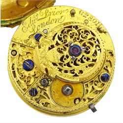 19th century gilt metal, triple cased verge fusee pocket watch, for the Turkish market by Edward Prior, London, No. 62801, pierced and engraved balance cock decorated with a classical urn, white enamel dial with Turkish hour markers, the outer tortoiseshell case, with pique work borders