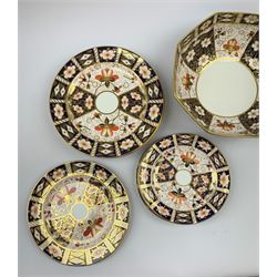 A Royal Crown Derby Imari bowl, of octagonal form, decorated in the 2451 pattern, with printed marks beneath, D24cm, (a/f), together with a group of Royal Crown Derby Imari plates, decorated in the 2451 patter, comprising five large plates, D23cm, one smaller, D21cm, and four small, D18cm. (11). 