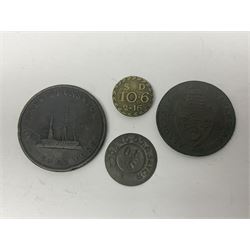 Thirty six late 18th century and onwards United Kingdom and World coins and tokens, to include 1772 Catherine II 5 Kopecks, Swedish quarter and half Skilling pieces dated 1809 and 1806, two Skilling Courant piece dated 1810, 1831 Isle of Man half penny token etc 