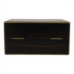 19th century brass mounted coromandel wood box, the hinged lid with inlaid cartouche with initials to the centre, opening to reveal two removable velvet lined trays 