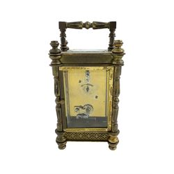 French - Edwardian timepiece 8-day carriage clock with original case, highly ornate brass case with filigree panels and shaped columns to the corners, conforming art deco designed dial mask and circular enamel dial with Roman numerals and matching steel arrow hands, single train movement with a platform cylinder escapement.