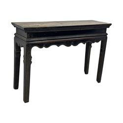 19th century Chinese black lacquer console table, rectangular moulded top over full-width drawer and scalloped apron with carved corner details, raised on square-section legs