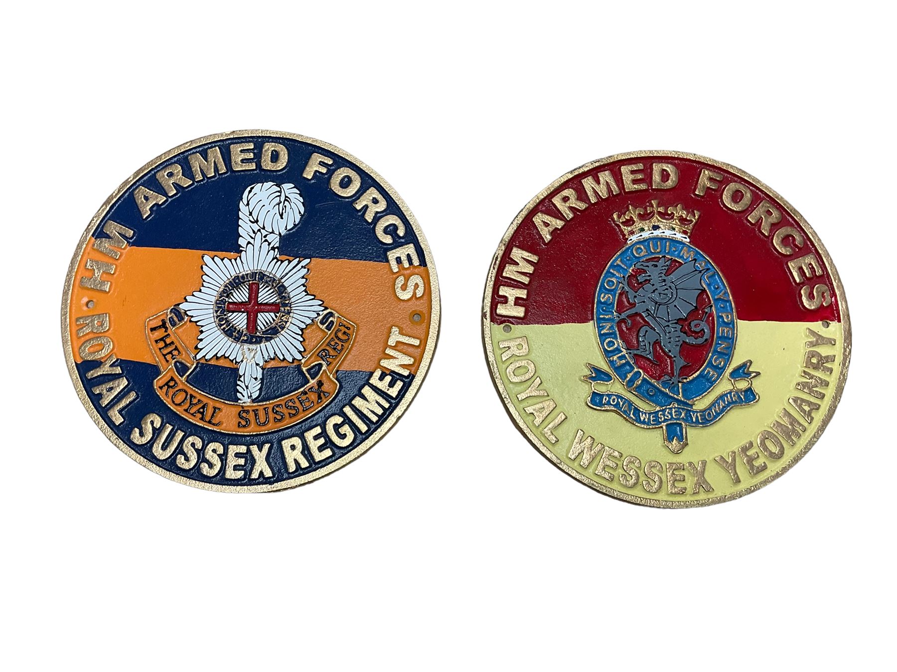 Collection of military shields and cast iron signs, including Royal Wessex Yeomanry, Royal Sussex Regiment etc 