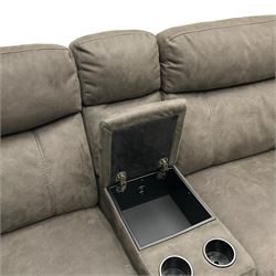 DFS - 'Vinson' two-seat electric reclining smart sofa upholstered in stitched grey fabric, the central console fitted with storage compartment and two drink holders, electric reclining with USB charging ports 
