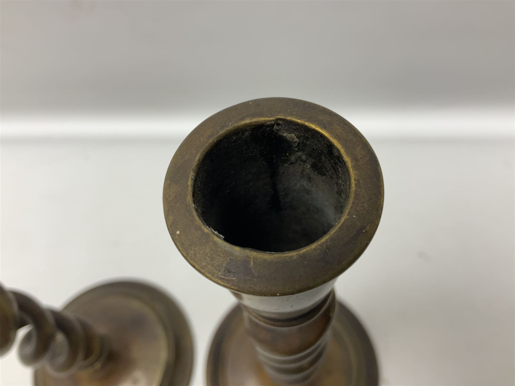 Pair of Victorian brass barley twist candle sticks, H30cm