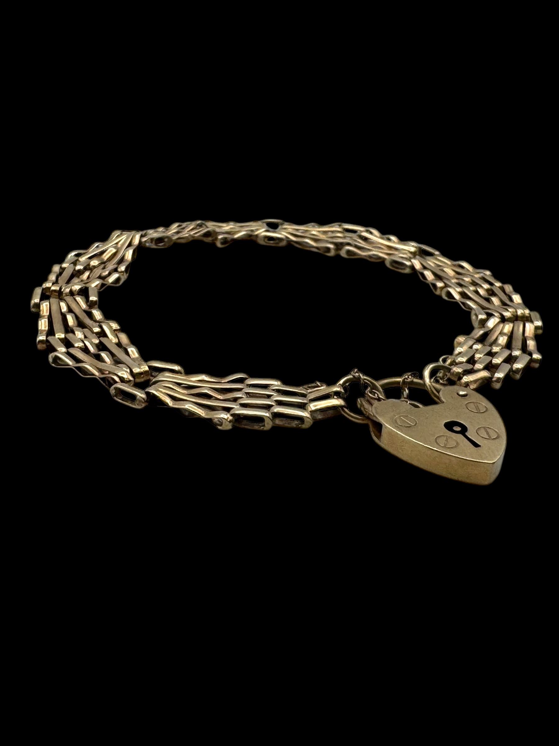 9ct gold gate bracelet with heart clasp, hallmarked