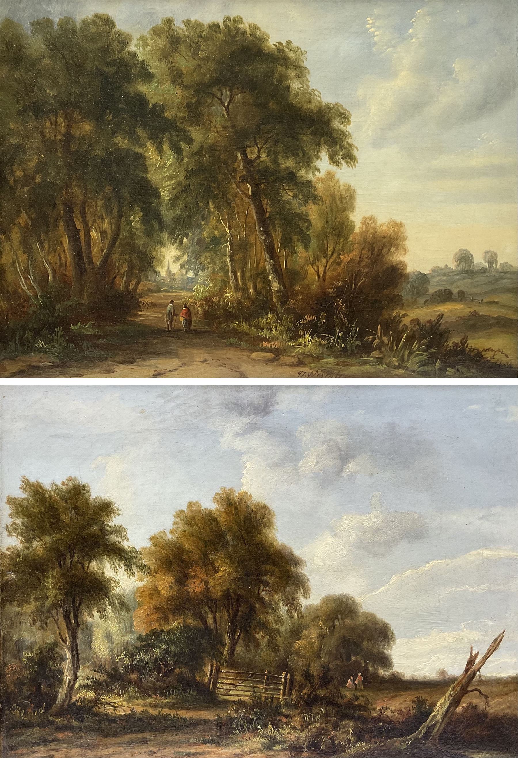 John Westall (British fl.1873-1893): Figures on Wooded Tracks, pair of oils on canvas one signed 29cm x 39cm (2)