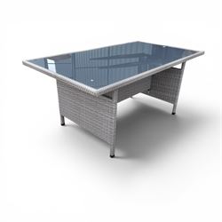Jutlandia - Rattan garden furniture set with cushions, corner sofa, rectangular glass top table, side table, and two armchairs