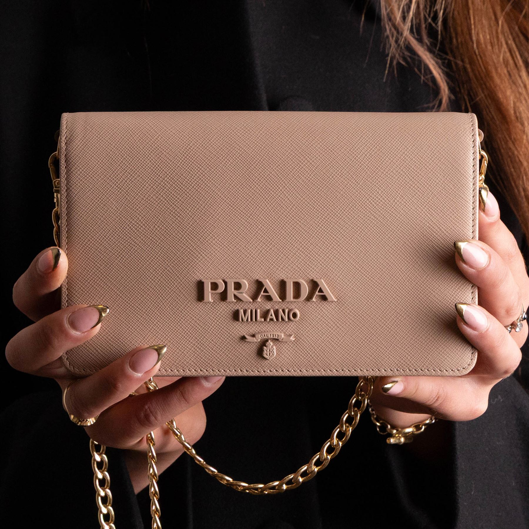 Prada - Saffiano Leather Mini Crossbody Bag, in structured nude-pink leather with detachable gold-tone chain shoulder or crossbody strap and hardware, Prada Milano raised logo, with crimson leather interior, unused with original dust bag