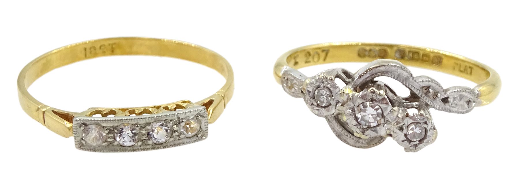 18ct gold three stone diamond crossover ring, Birmingham 1961 and an 18ct gold four stone white sapphire ring, stamped
